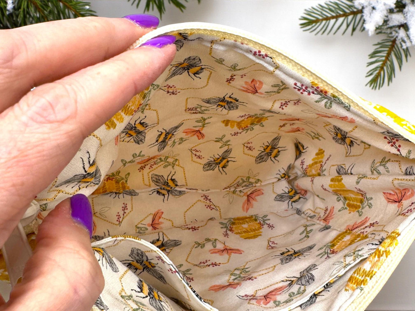 Golden Meadow Quilted Pouch Set – 5-Piece Evergreen Collection Bundle | Project Bag, Off-White Zipper, Inner Pocket | Handmade Gift