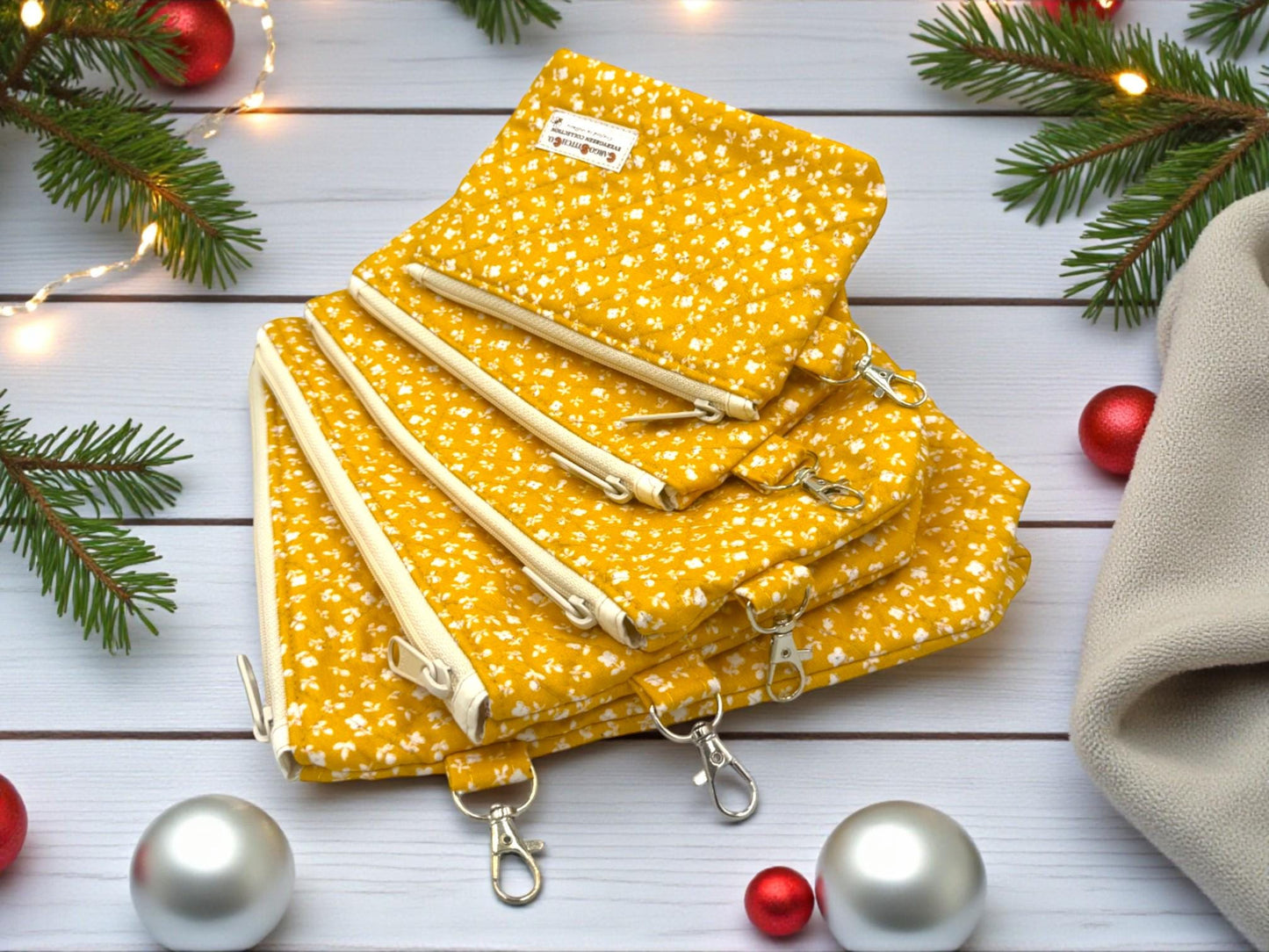 Golden Meadow Quilted Pouch Set – 5-Piece Evergreen Collection Bundle | Project Bag, Off-White Zipper, Inner Pocket | Handmade Gift