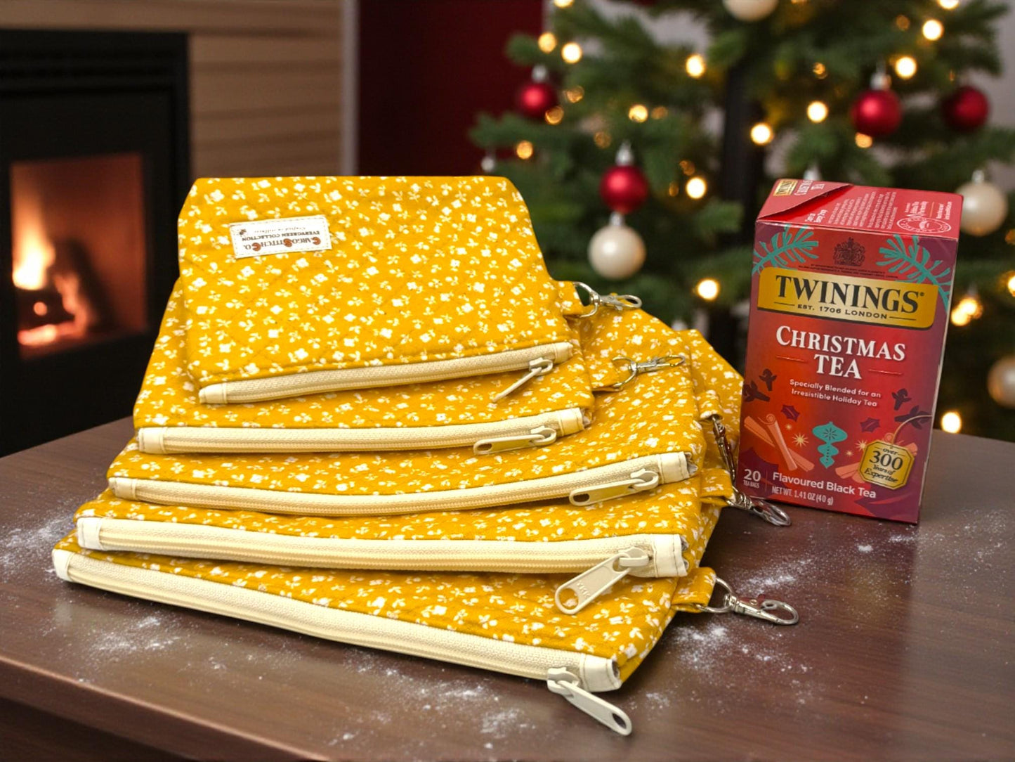 Golden Meadow Quilted Pouch Set – 5-Piece Evergreen Collection Bundle | Project Bag, Off-White Zipper, Inner Pocket | Handmade Gift