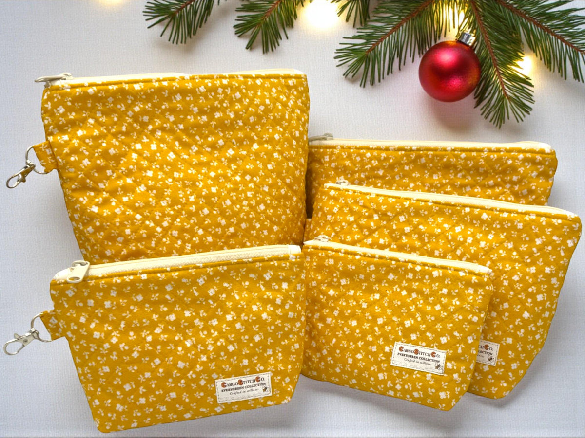 Golden Meadow Quilted Pouch Set | 5 Piece Zipper Pouch Bundle | Handmade Cosmetic Craft Travel Bags | Evergreen Collection