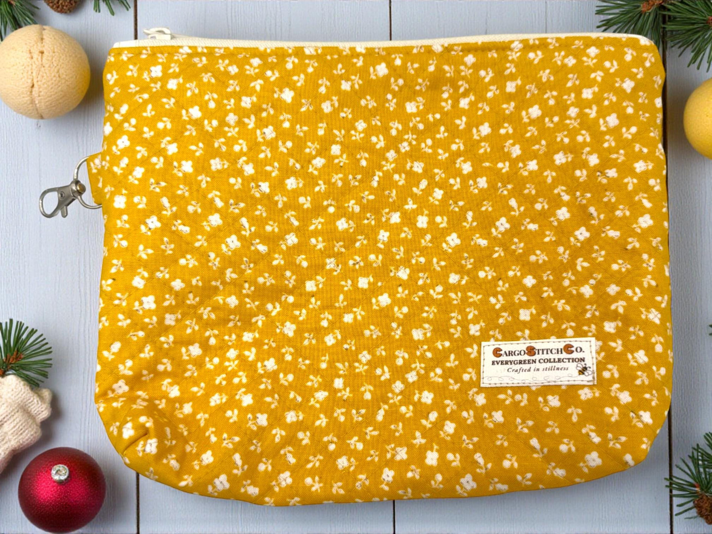 Golden Meadow Quilted Pouch Set – 5-Piece Evergreen Collection Bundle | Project Bag, Off-White Zipper, Inner Pocket | Handmade Gift