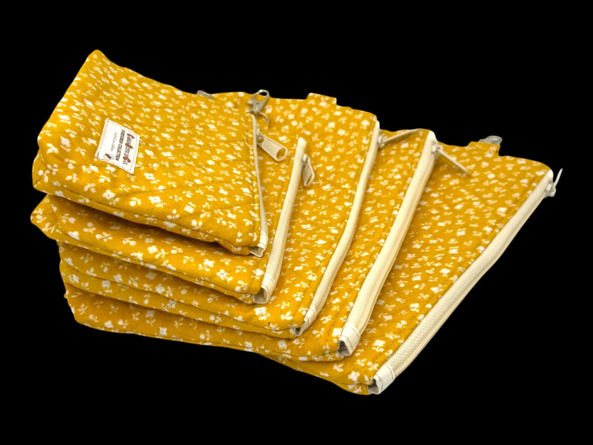Golden Meadow Quilted Pouch Set | 5 Piece Zipper Pouch Bundle | Handmade Cosmetic Craft Travel Bags | Evergreen Collection