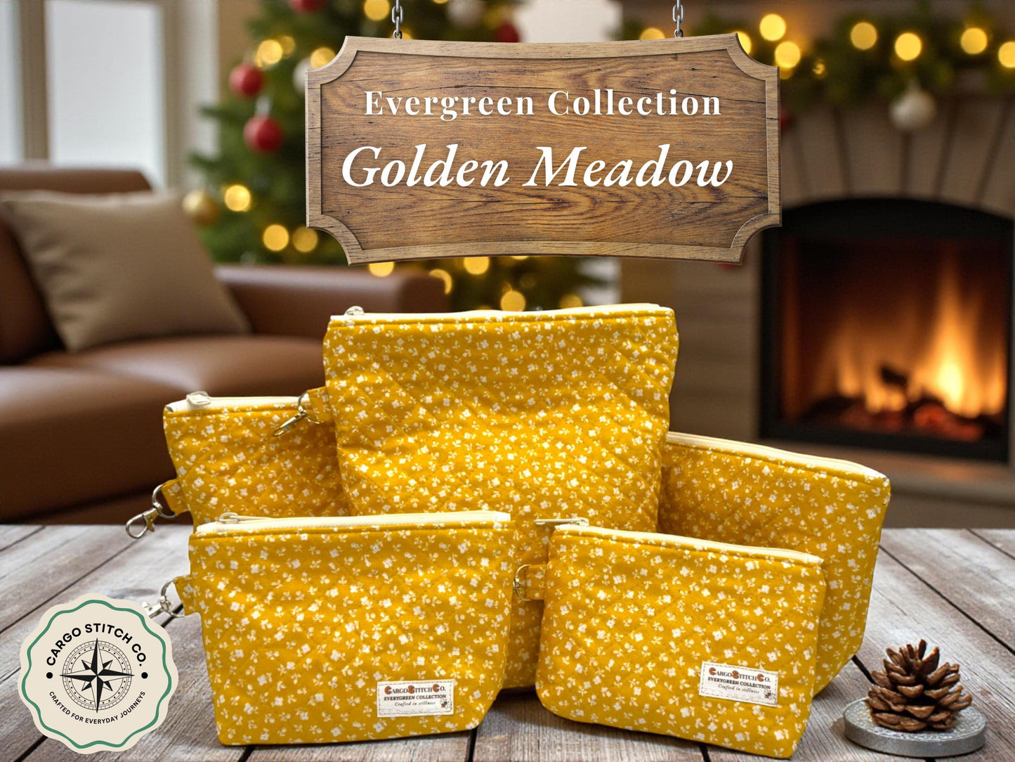 Golden Meadow Quilted Pouch Set – 5-Piece Evergreen Collection Bundle | Project Bag, Off-White Zipper, Inner Pocket | Handmade Gift