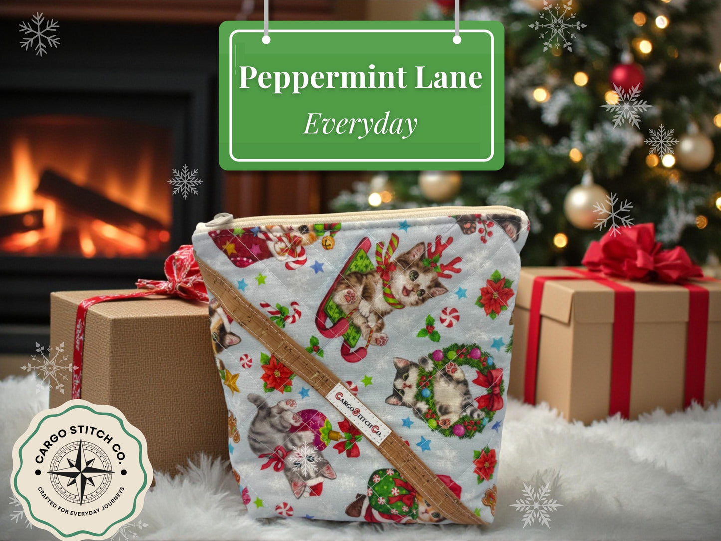 Peppermint Lane Everyday Cat Pouch – Quilted Zipper Bag with Inner Pocket | 7x8 Christmas Cat Pouch – Cargo Stitch Co.