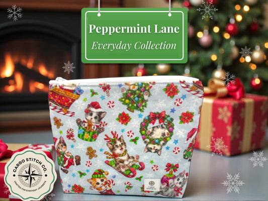 Peppermint Lane Everyday Cat Pouch – Quilted Zipper Bag with Inner Pocket | 9.5x8.5x2 Christmas Cat Pouch – Cargo Stitch Co.