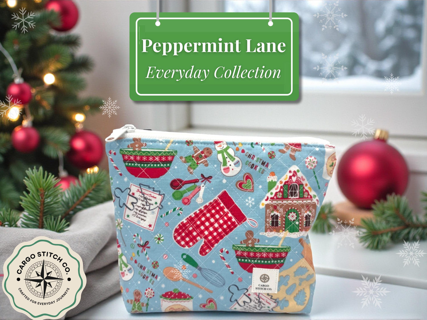 Peppermint Lane Christmas Baking Quilted Pouch – Holiday Kitchen Print | 9.5×8.5 Zipper Bag with Swivel Clasp | Project Bag