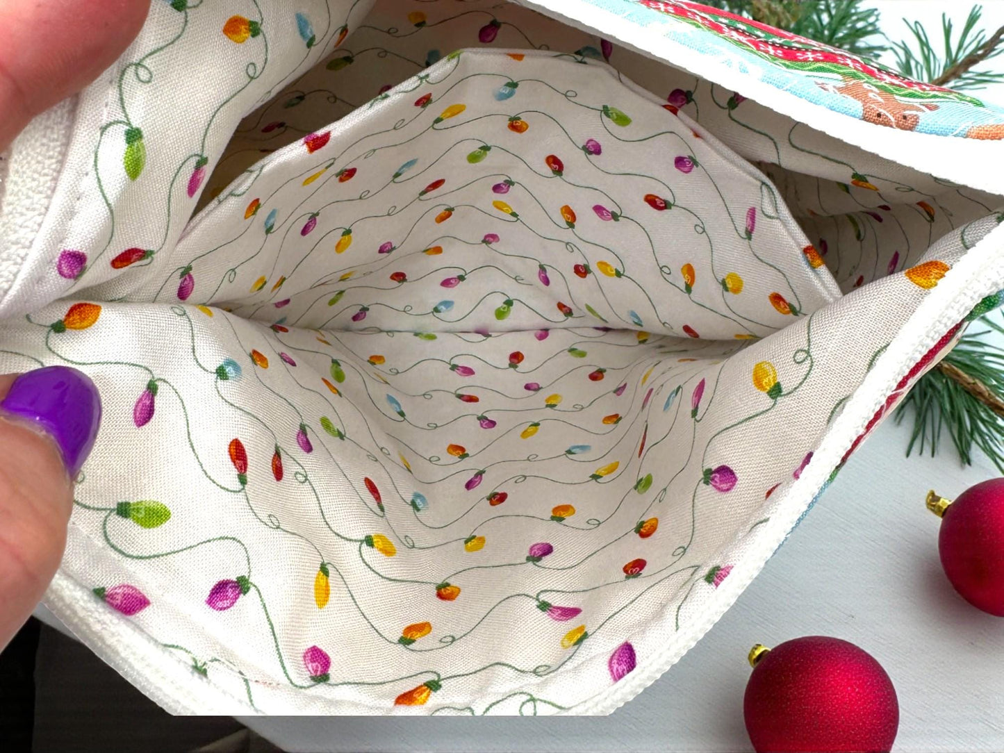 Peppermint Lane Christmas Baking Quilted Pouch – Holiday Kitchen Print | 9.5×8.5 Zipper Bag with Swivel Clasp | Project Bag