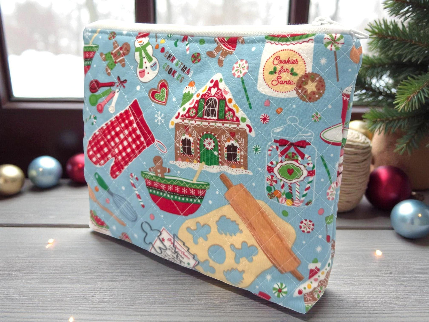 Peppermint Lane Christmas Baking Quilted Pouch – Holiday Kitchen Print | 9.5×8.5 Zipper Bag with Swivel Clasp | Project Bag