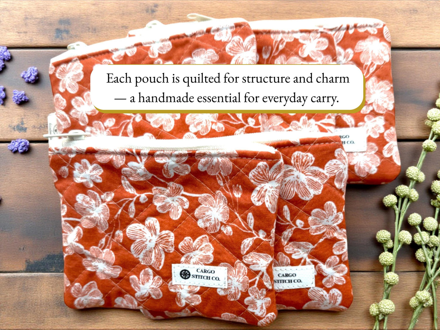 Handmade Quilted Flat Zipper Pouch – Stocking Stuffers | 5x4 Everyday Pouch | Vinyl Accent Options | Holiday Gift Idea | Gift Card Holder