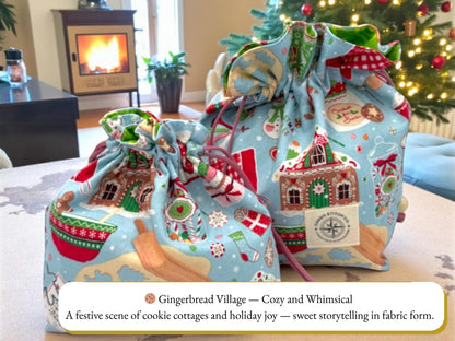 Christmas Drawstring Gift Bag, Handmade Fabric Pouch, Reusable Gift Bag, Stocking Stuffer, Peppermint Lane