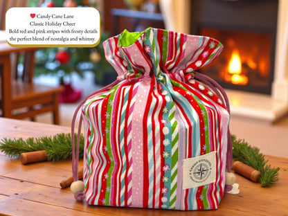 Christmas Drawstring Gift Bag, Handmade Fabric Pouch, Reusable Gift Bag, Stocking Stuffer, Peppermint Lane