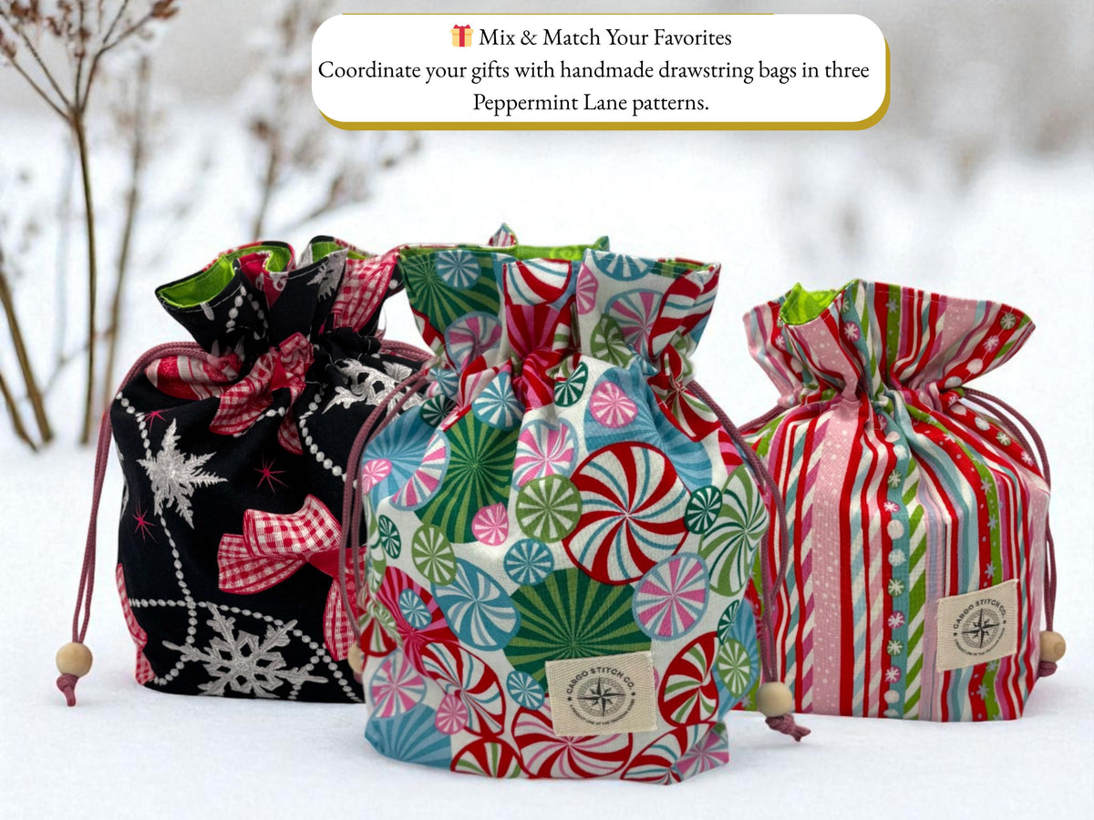 Christmas Drawstring Gift Bag, Handmade Fabric Pouch, Reusable Gift Bag, Stocking Stuffer, Peppermint Lane
