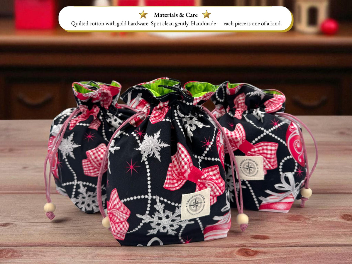 Christmas Drawstring Gift Bag, Handmade Fabric Pouch, Reusable Gift Bag, Stocking Stuffer, Peppermint Lane