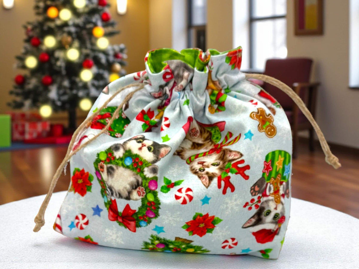 Christmas Drawstring Gift Bag, Handmade Fabric Pouch, Reusable Gift Bag, Stocking Stuffer, Peppermint Lane