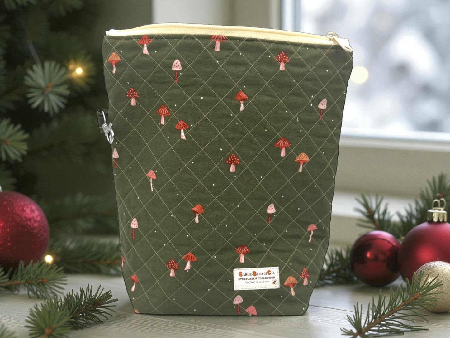 Mushroom Quilted Pouch Set, Cargo Stitch Co Woodland Bags, Handmade Gift, Forest Travel Organizer, Quilted Zipper Bags