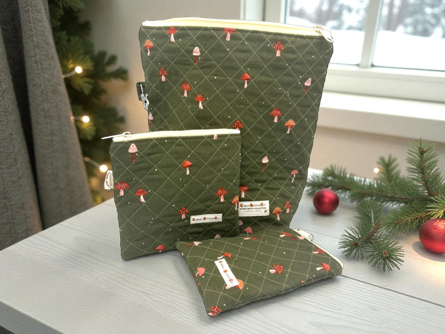 Mushroom Quilted Pouch Set, Cargo Stitch Co Woodland Bags, Handmade Gift, Forest Travel Organizer, Quilted Zipper Bags