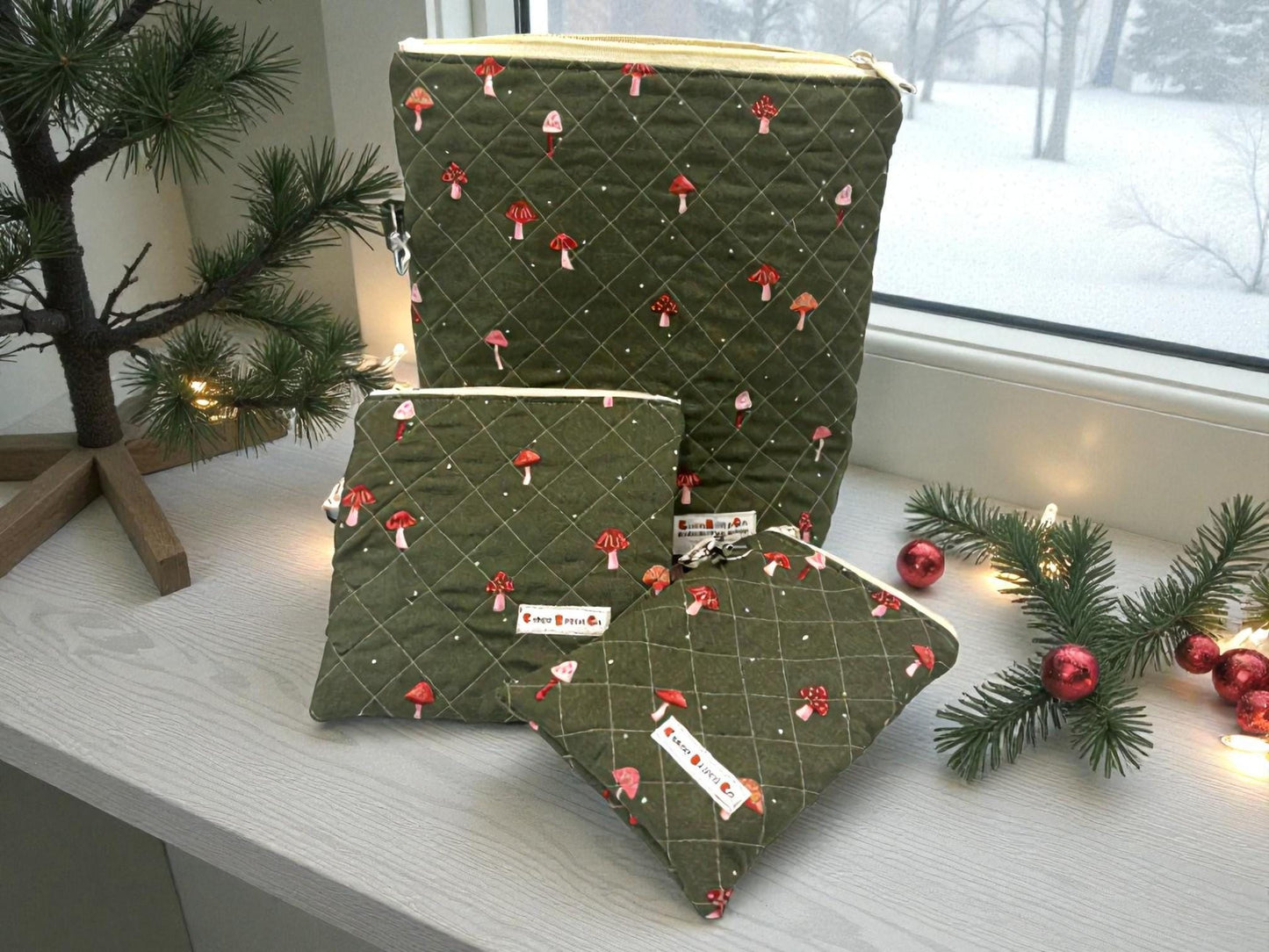 Mushroom Quilted Pouch Set, Cargo Stitch Co Woodland Bags, Handmade Gift, Forest Travel Organizer, Quilted Zipper Bags