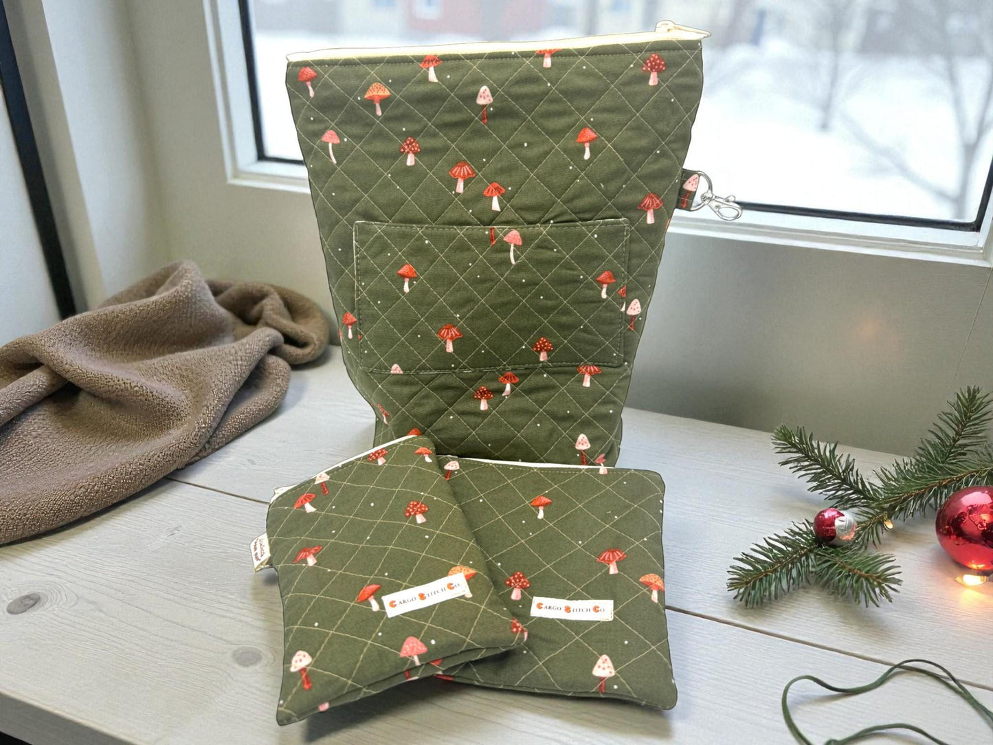 Mushroom Quilted Pouch Set, Cargo Stitch Co Woodland Bags, Handmade Gift, Forest Travel Organizer, Quilted Zipper Bags