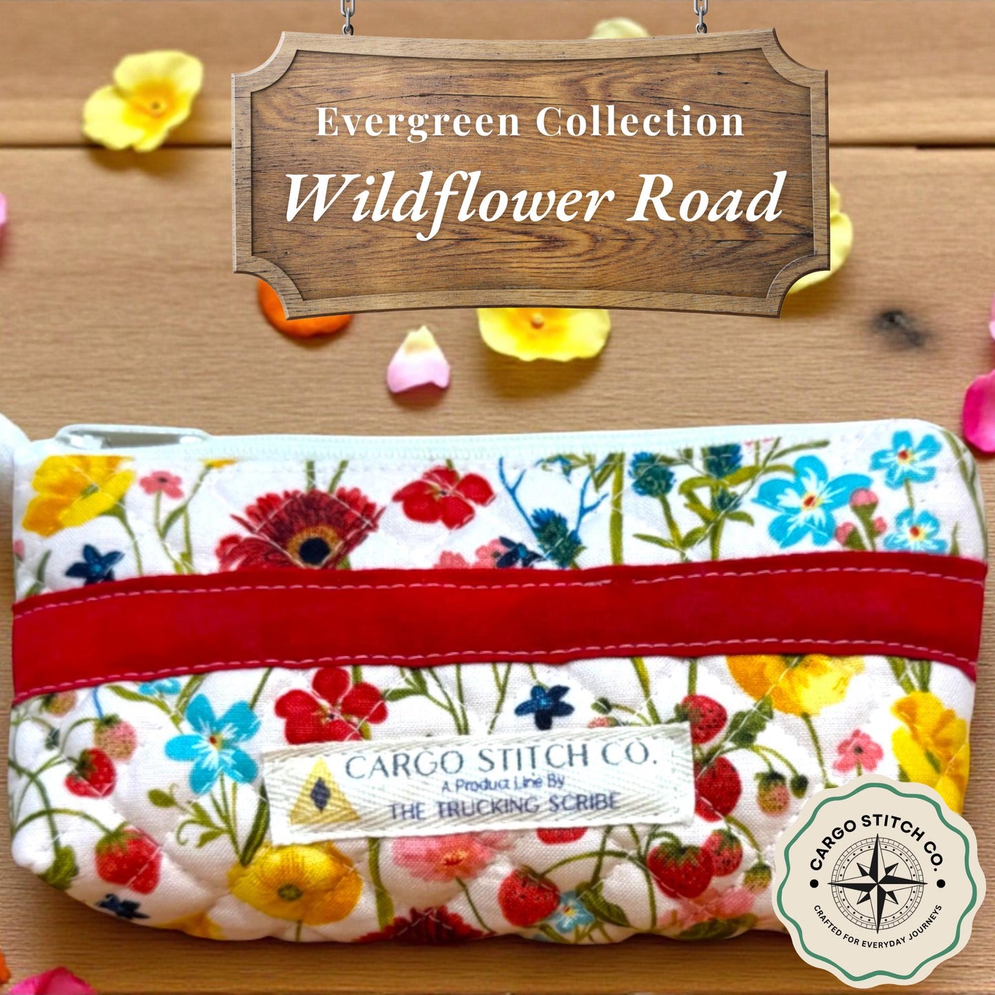 Wildflower Road Vista Pouch — Quilted Floral Glasses Case, Handmade Zipper Pouch, Travel Pencil or Accessory Bag