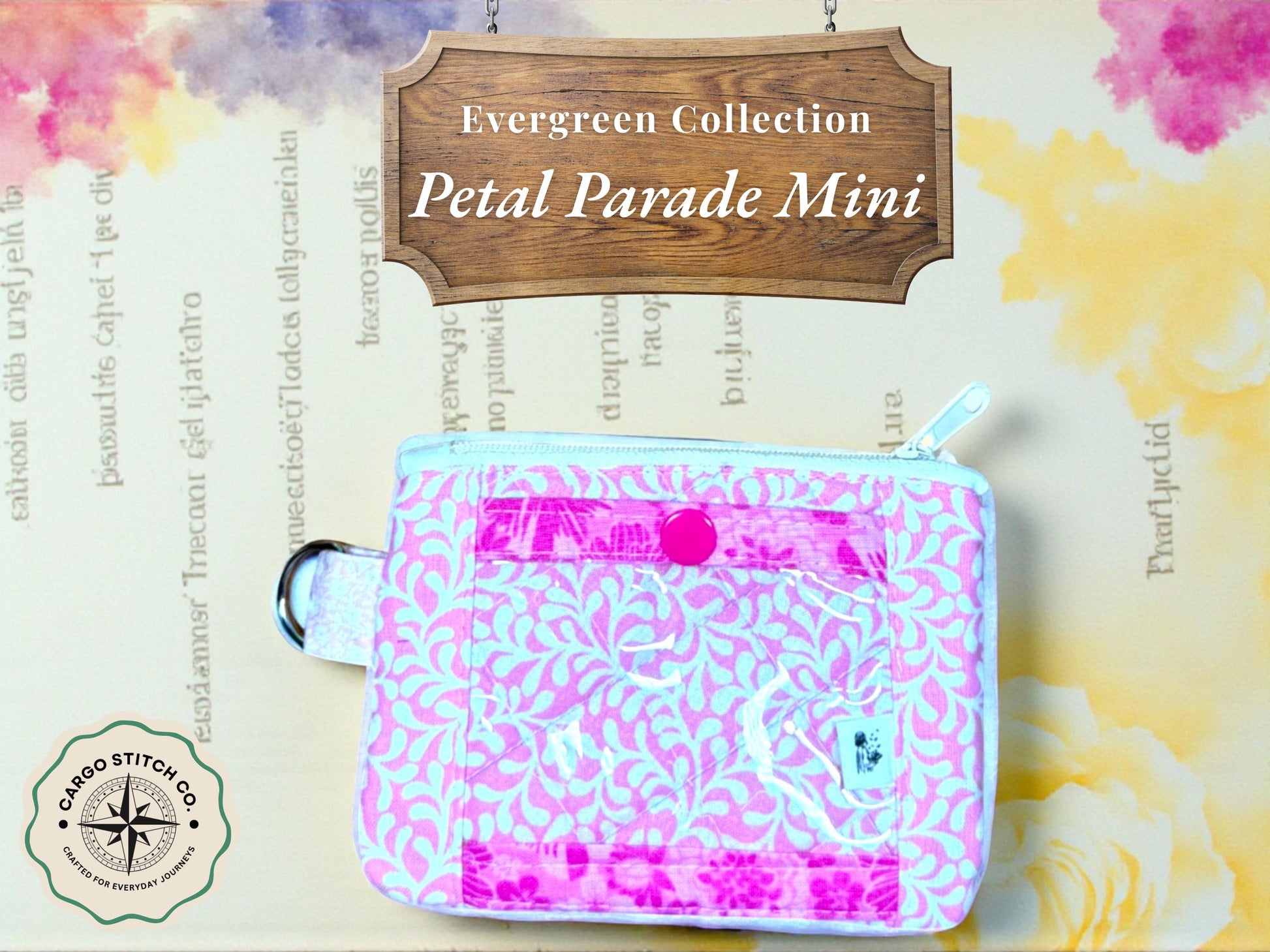Pink Meadow Manifest Quilted Cotton ID Wallet - Handmade Floral Card Holder Minimalist Compact Travel Gift