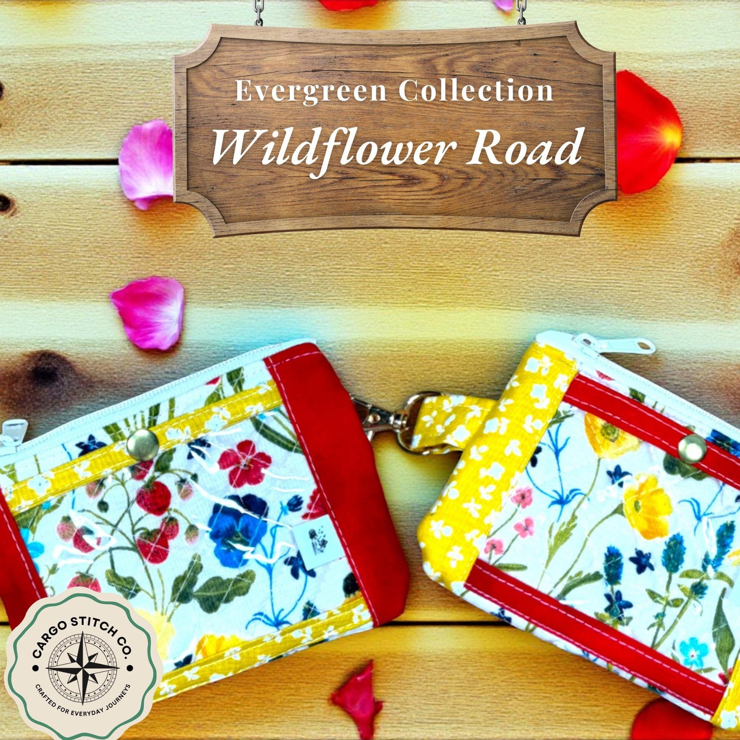 Wildflower Road Manifest Wallet, Quilted Zipper Wallet with Clear Pocket, Snap Pocket & Card Slot — Handmade 5.5” x 4"