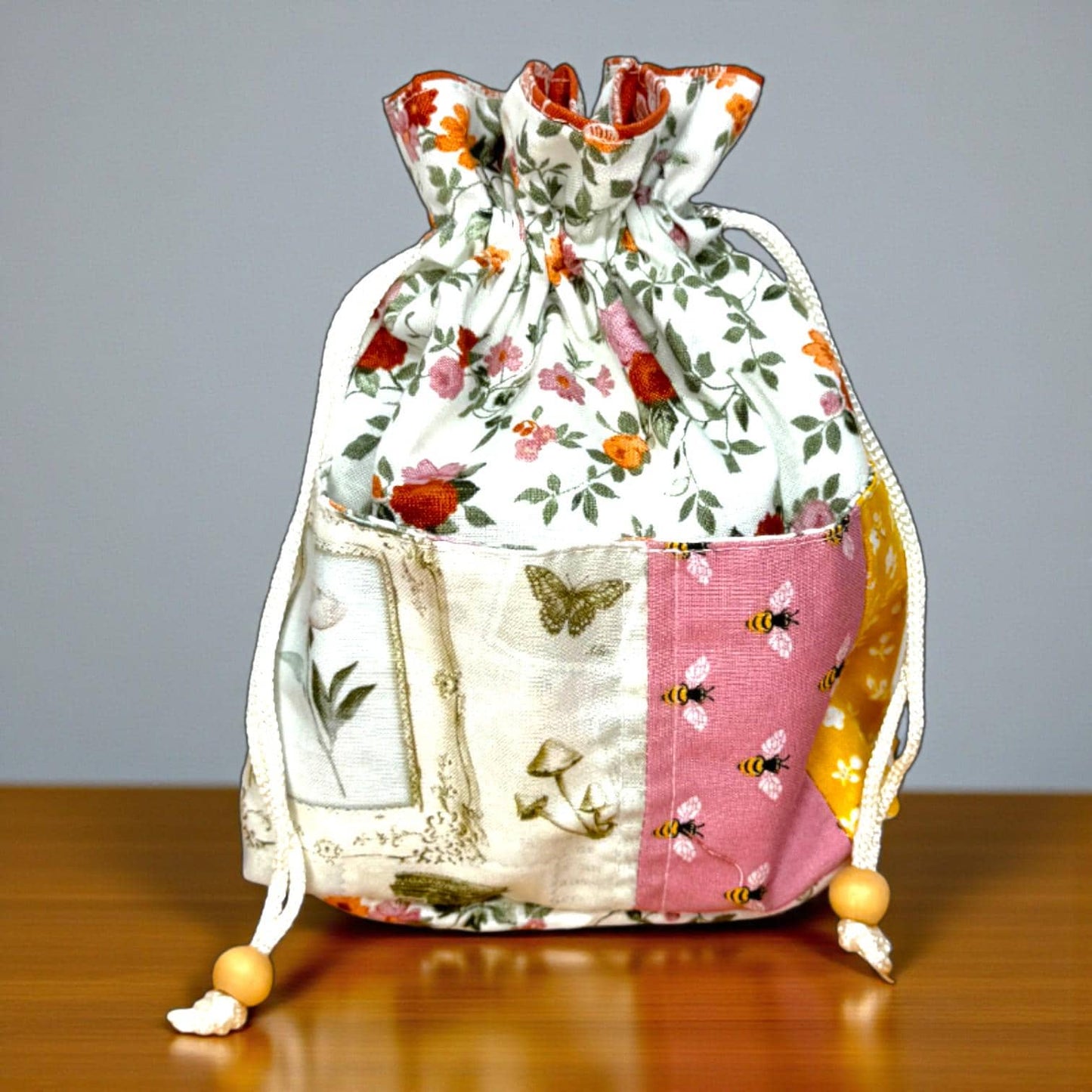 Quilted Floral Drawstring Pouch with Pockets | Everyday Magic Garden Gatherings Gift Bag | Handmade by Cargo Stitch Co.