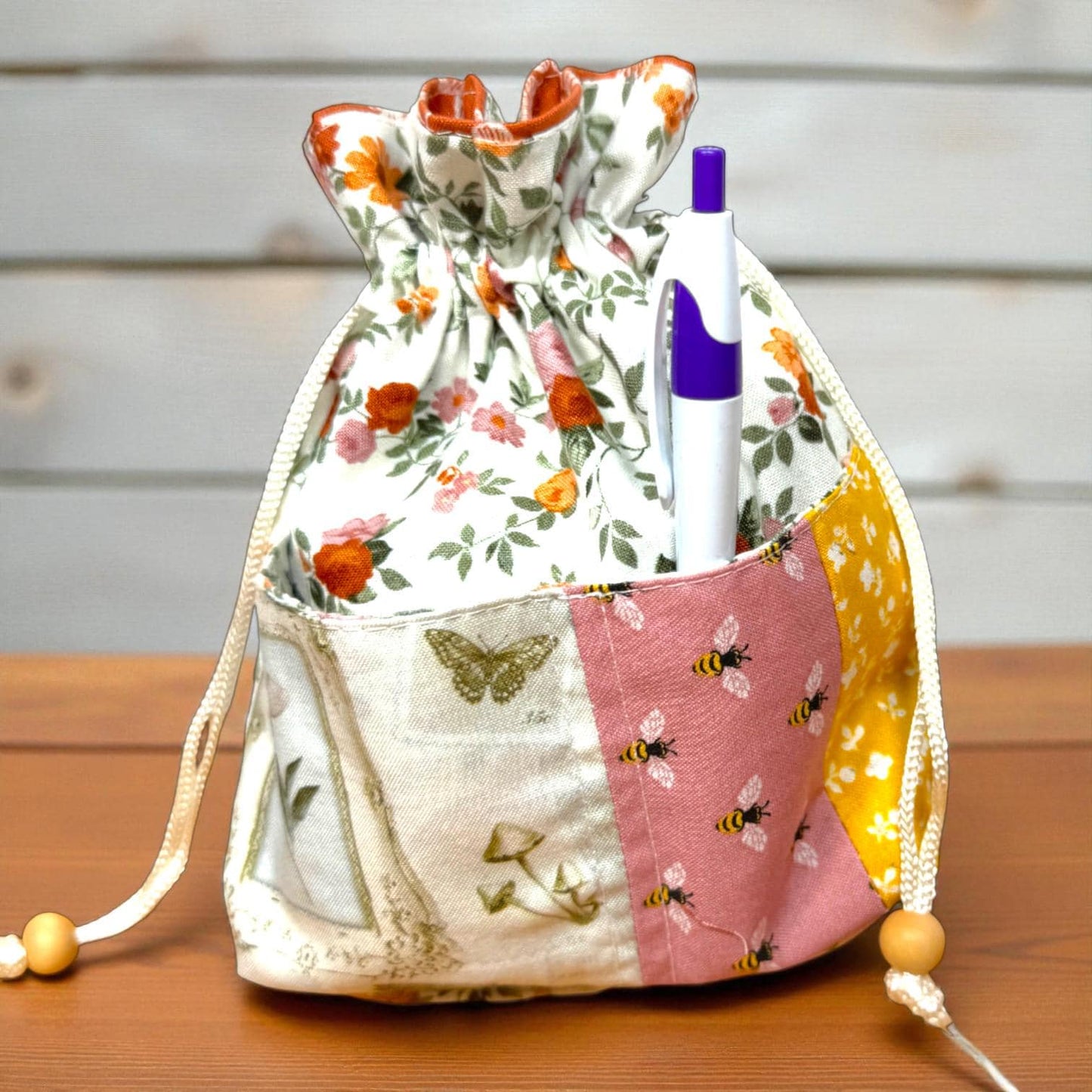 Quilted Floral Drawstring Pouch with Pockets | Everyday Magic Garden Gatherings Gift Bag | Handmade by Cargo Stitch Co.