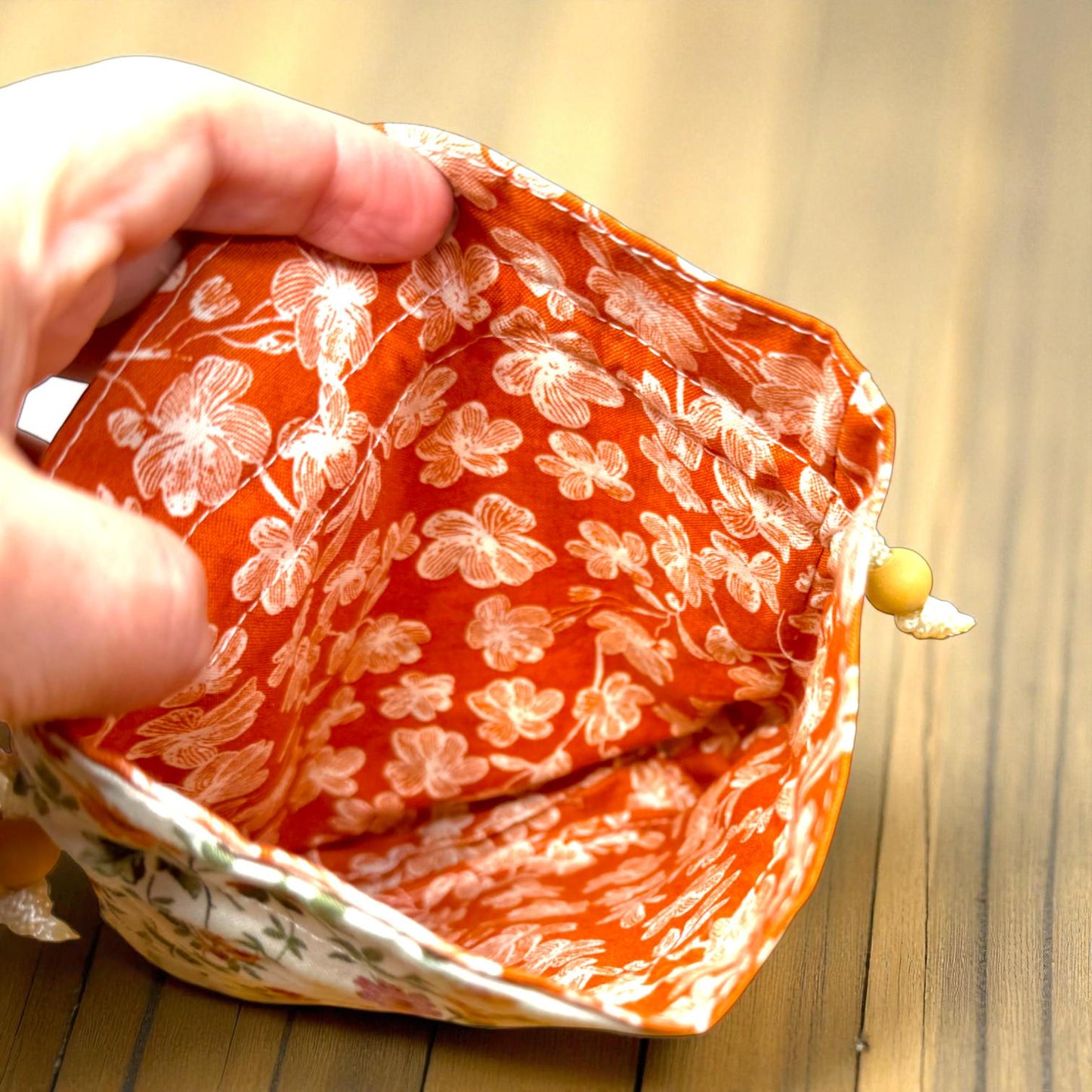 Quilted Floral Drawstring Pouch with Pockets | Everyday Magic Garden Gatherings Gift Bag | Handmade by Cargo Stitch Co.