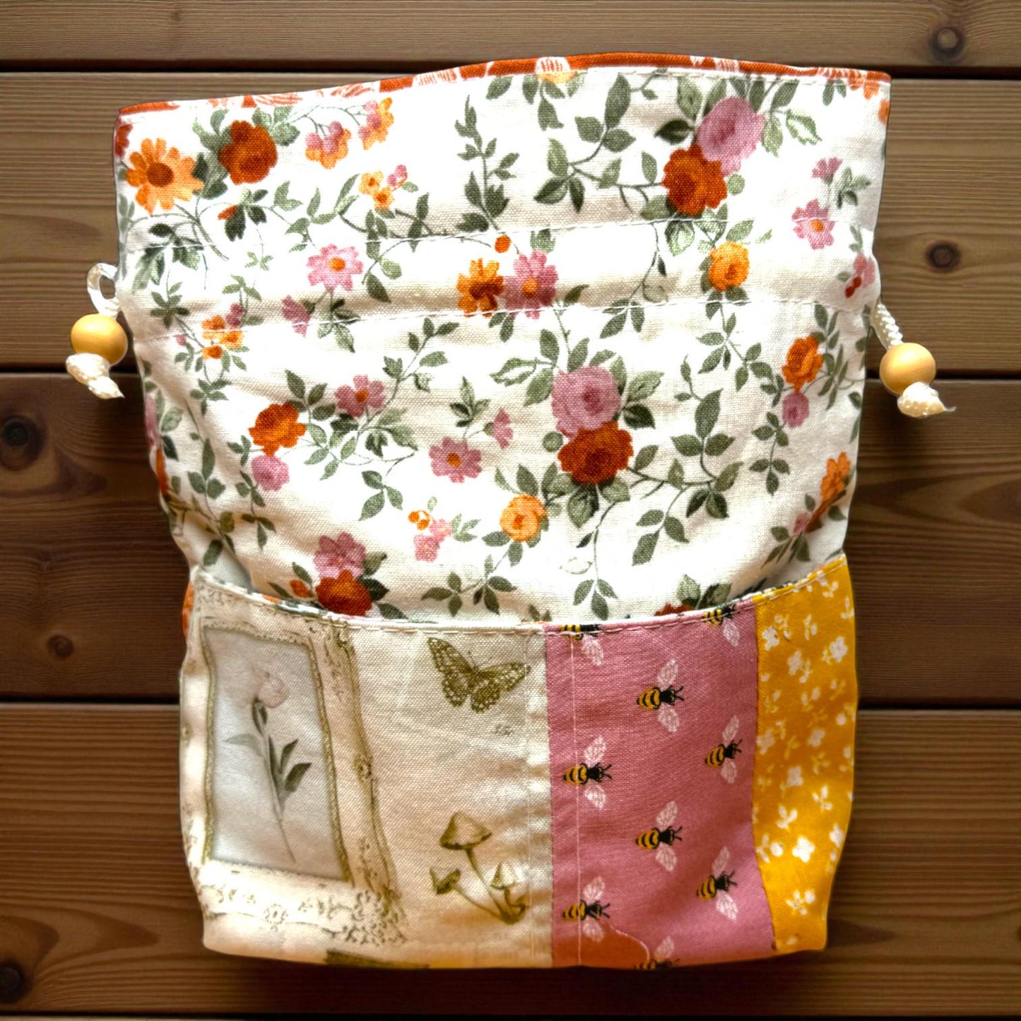Quilted Floral Drawstring Pouch with Pockets | Everyday Magic Garden Gatherings Gift Bag | Handmade by Cargo Stitch Co.