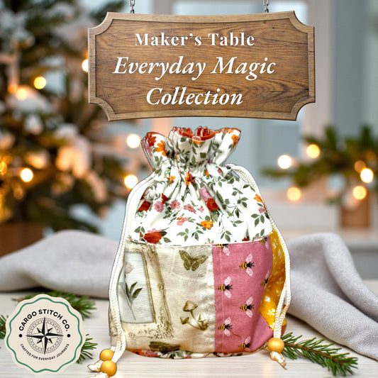Quilted Floral Drawstring Pouch with Pockets | Everyday Magic Garden Gatherings Gift Bag | Handmade by Cargo Stitch Co.