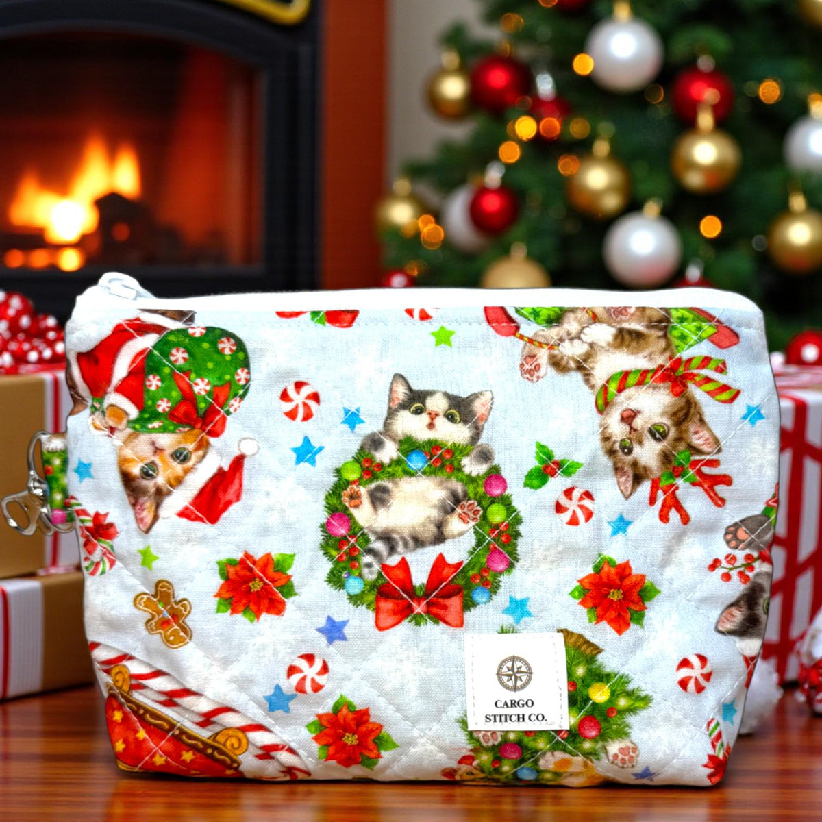 Christmas Zipper Pouch Set | 3 Piece Quilted Pouch Bundle | Gingerbread & Holiday Cats | Peppermint Lane