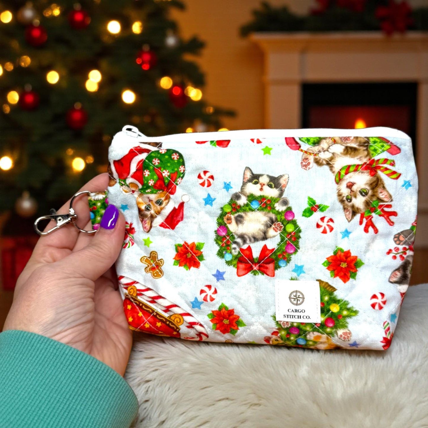 Peppermint Lane Everyday – Cookies & Cats Quilted Pouch Trio | Handmade Holiday Gift Set | Cargo Stitch Co. Zipper Bags