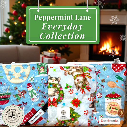 Peppermint Lane Everyday – Cookies & Cats Quilted Pouch Trio | Handmade Holiday Gift Set | Cargo Stitch Co. Zipper Bags