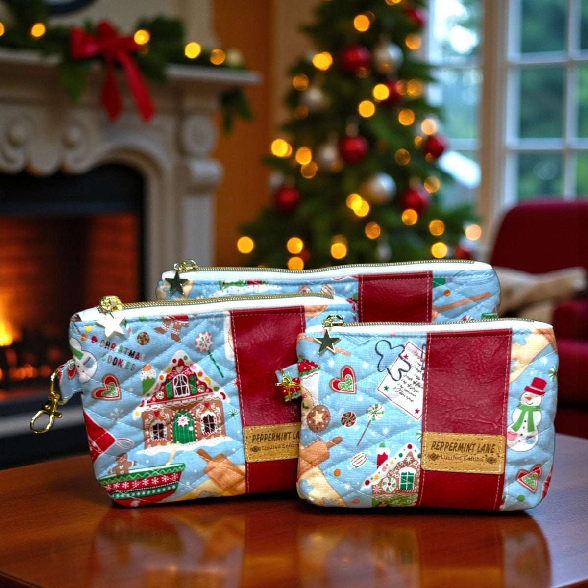 Gingerbread Christmas Quilted Pouch | Peppermint Lane Zipper Bag | Handmade Holiday Makeup Bag | Small Medium Large