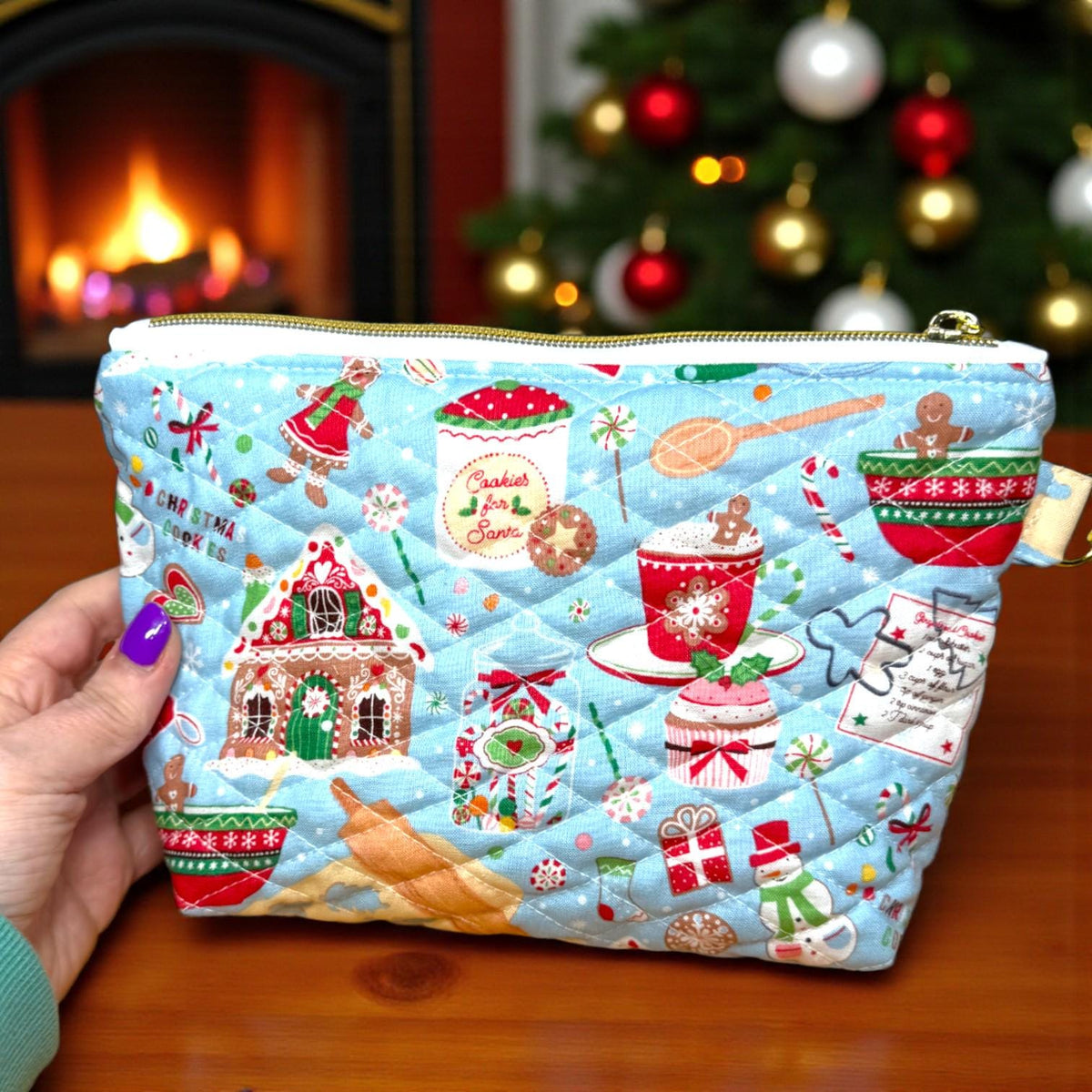 Gingerbread Christmas Quilted Pouch | Peppermint Lane Zipper Bag | Handmade Holiday Makeup Bag | Small Medium Large