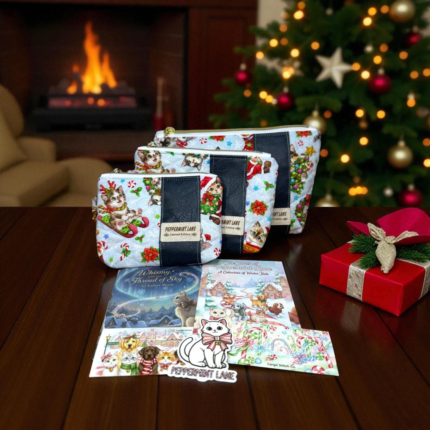 Quilted Pouch Peppermint Lane Limited Edition 2025 – Whimsy’s Collector Set | Cat Cosmetic Bag + Story Zine | Choose Your Size