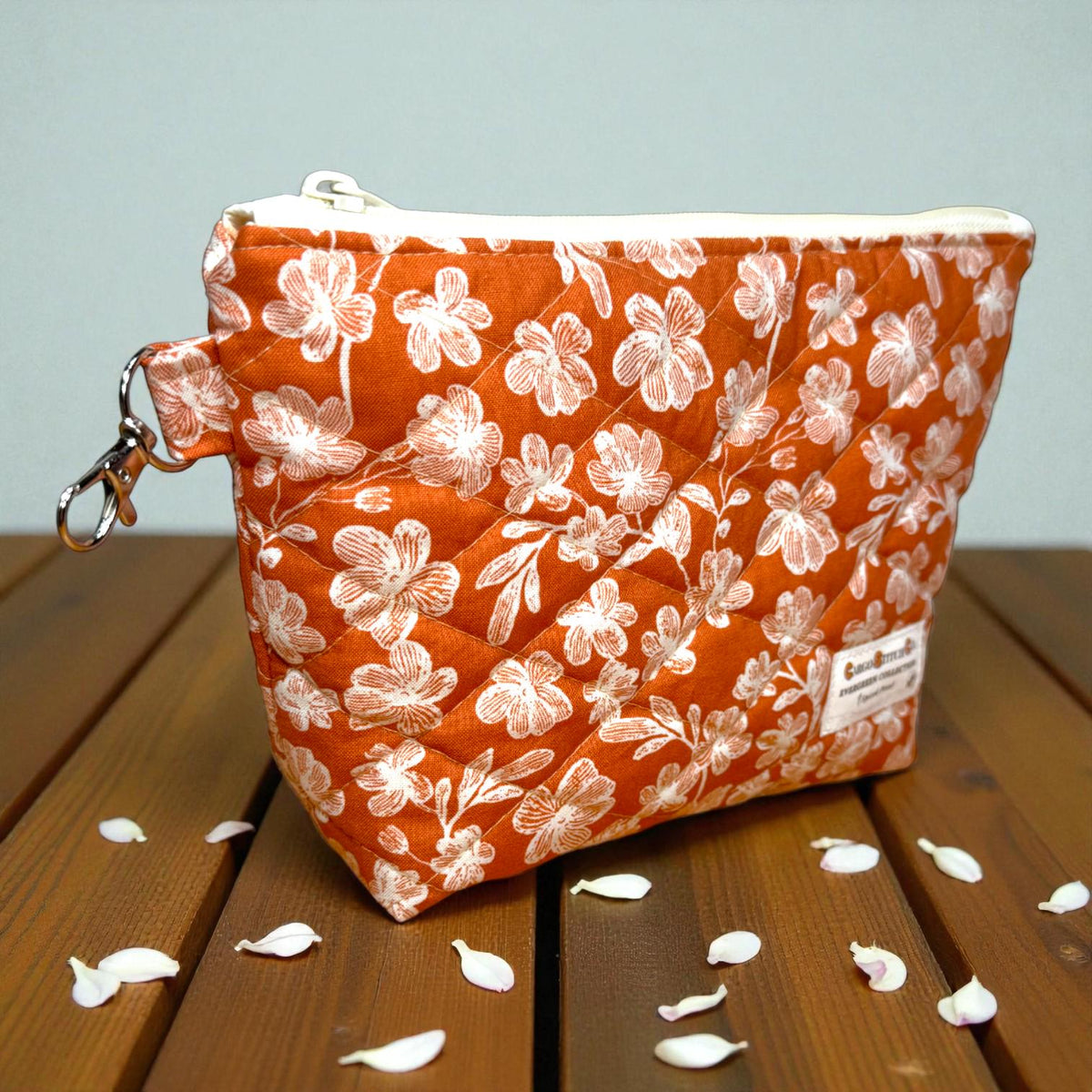 Floral Quilted Zipper Pouch - Spiced Petal Makeup Bag, Medium Travel Cosmetic Bag
