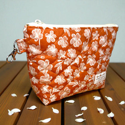 Floral Quilted Zipper Pouch - Spiced Petal Makeup Bag, Medium Travel Cosmetic Bag