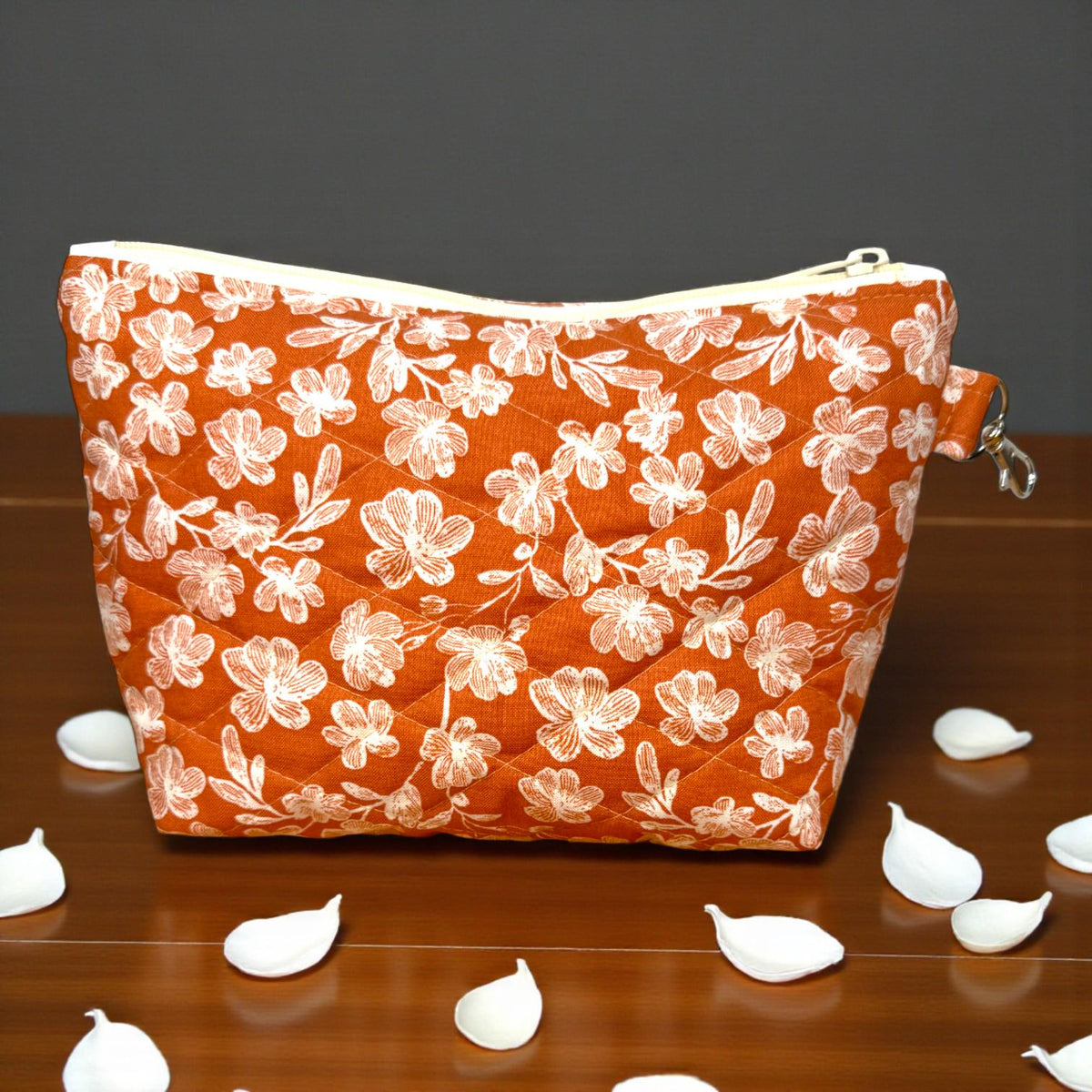 Floral Quilted Zipper Pouch - Spiced Petal Makeup Bag, Medium Travel Cosmetic Bag
