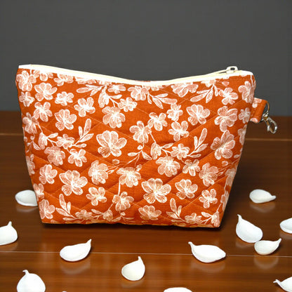 Floral Quilted Zipper Pouch - Spiced Petal Makeup Bag, Medium Travel Cosmetic Bag
