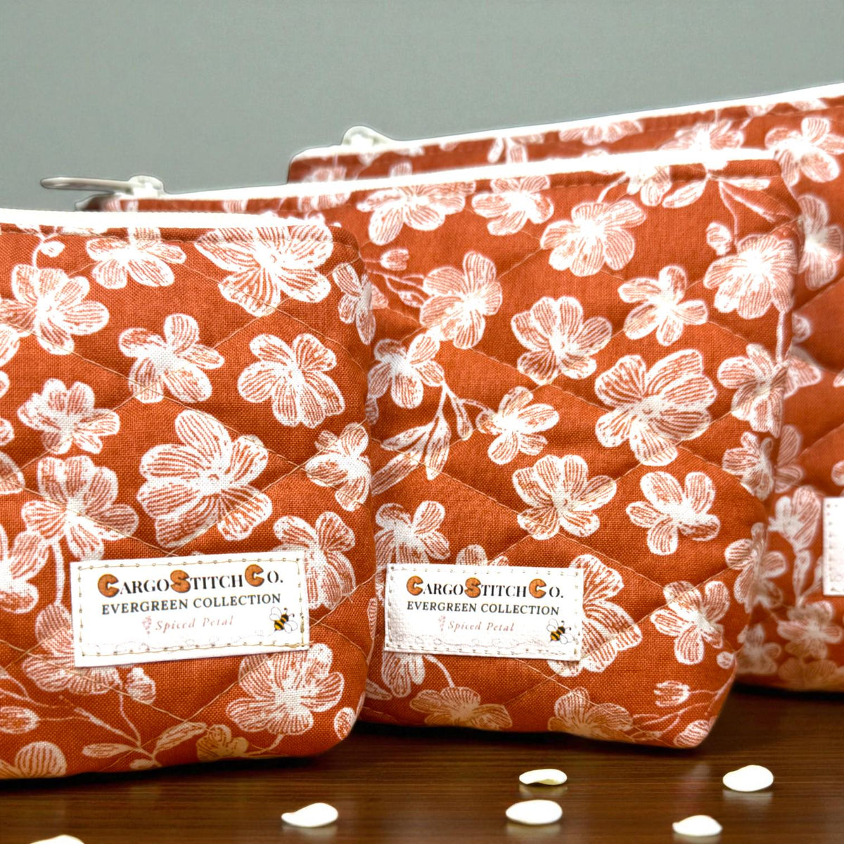 Floral Quilted Zipper Pouch - Spiced Petal Makeup Bag, Medium Travel Cosmetic Bag