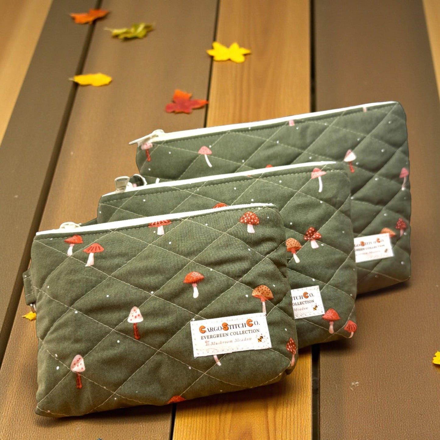 Evergreen Mushroom Quilted Pouch | Cargo Stitch Co. Evergreen Collection | Quilted Cotton Zipper Bags |Woodland Gift | Choose Size or Bundle