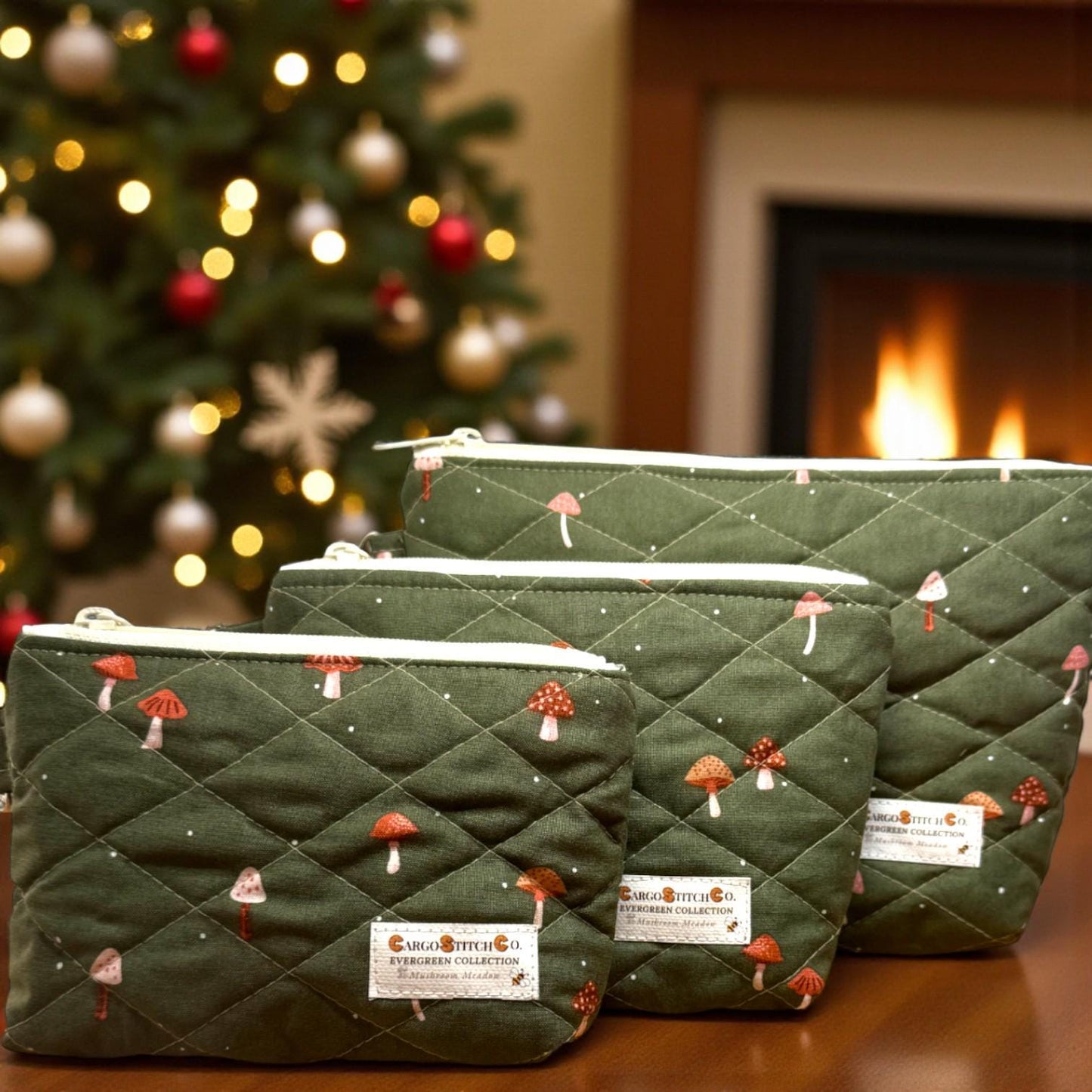 Evergreen Mushroom Quilted Pouch | Cargo Stitch Co. Evergreen Collection | Quilted Cotton Zipper Bags |Woodland Gift | Choose Size or Bundle