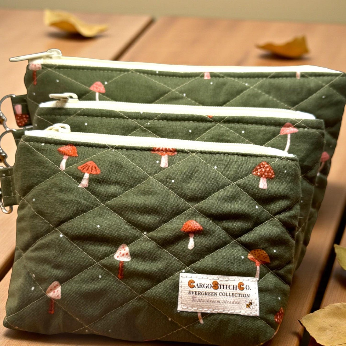 Evergreen Mushroom Quilted Pouch | Cargo Stitch Co. Evergreen Collection | Quilted Cotton Zipper Bags |Woodland Gift | Choose Size or Bundle