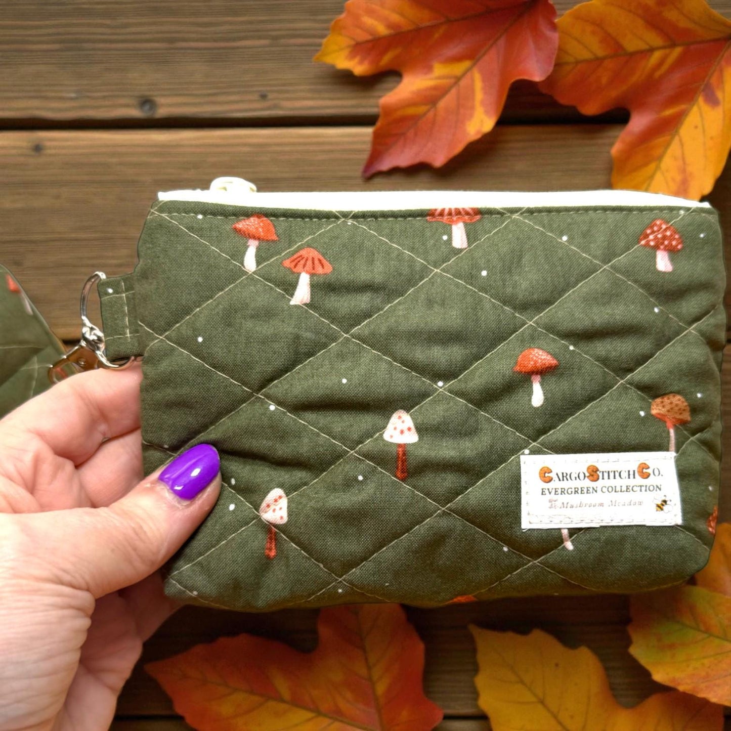Evergreen Mushroom Quilted Pouch | Cargo Stitch Co. Evergreen Collection | Quilted Cotton Zipper Bags |Woodland Gift | Choose Size or Bundle