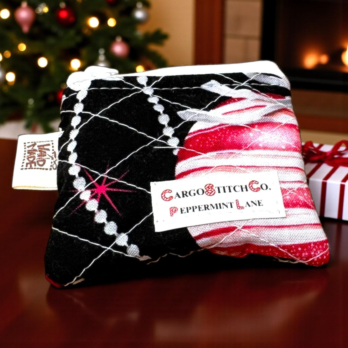 Mini Quilted PouchPeppermint Lane  | Mini 3x2 Christmas Coin Purse | Holiday Gift Bag | Handmade Zipper Pouch | Stocking Stuffer