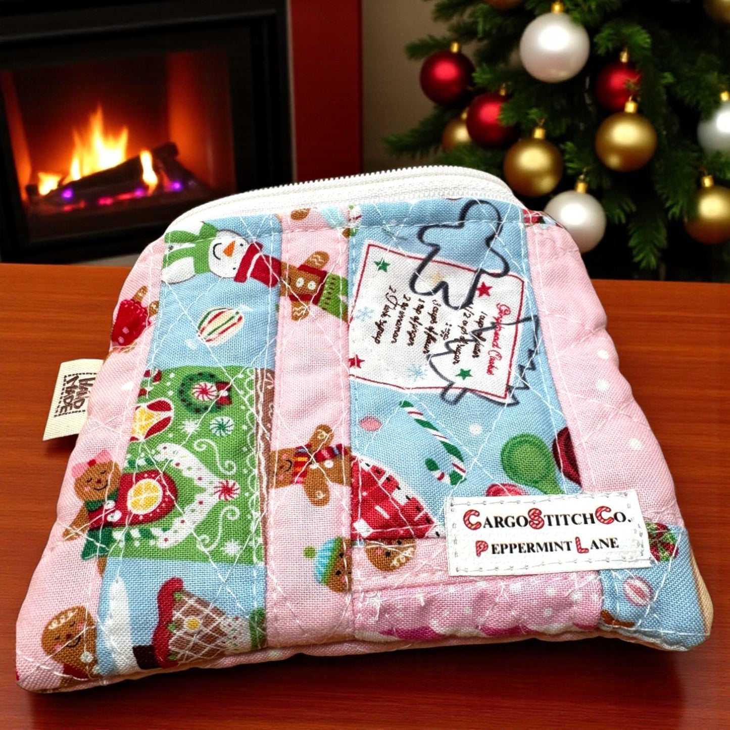 Eco Friendly Peppermint Lane Scrap Series Mini Quilted Pouch | Limited Edition 2025 |Holiday Zipper Bag | One-of-a-Kind Christmas Gift