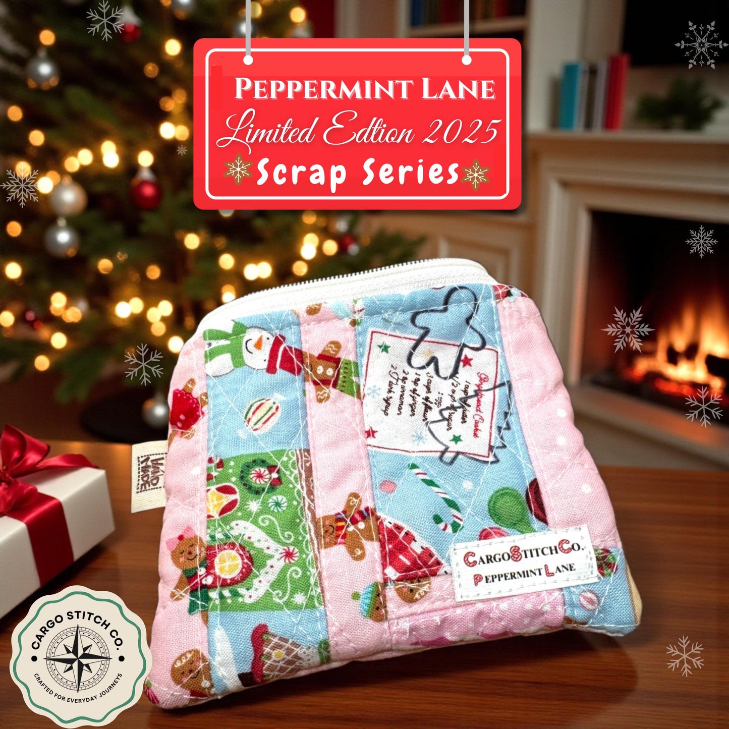 Eco Friendly Peppermint Lane Scrap Series Mini Quilted Pouch | Limited Edition 2025 |Holiday Zipper Bag | One-of-a-Kind Christmas Gift