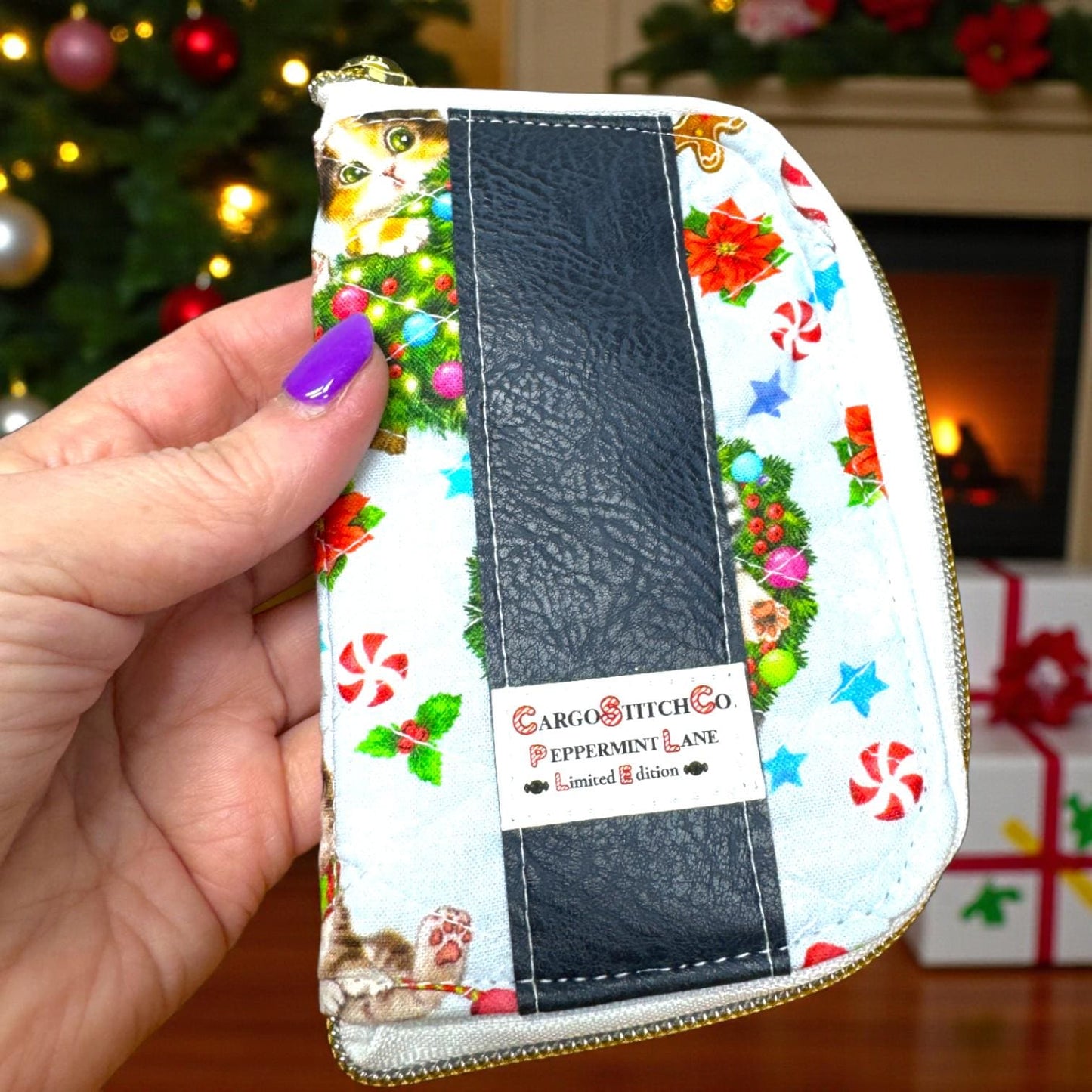 Peppermint Lane Tea Wallet – Maker’s Seconds | Cargo Stitch Co. | Holiday Cat Print | Handmade “Perfectly Imperfect” Sale