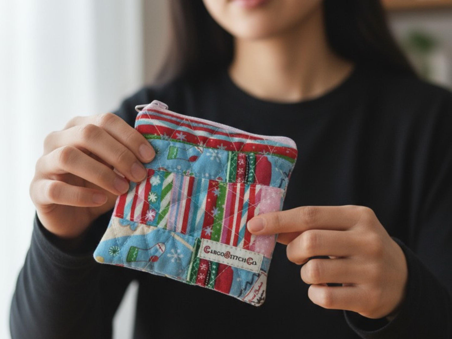 Mini Quilted PouchPeppermint Lane  | Mini Christmas Coin Purse | Holiday Gift Bag | Handmade Zipper Pouch | Stocking Stuffer